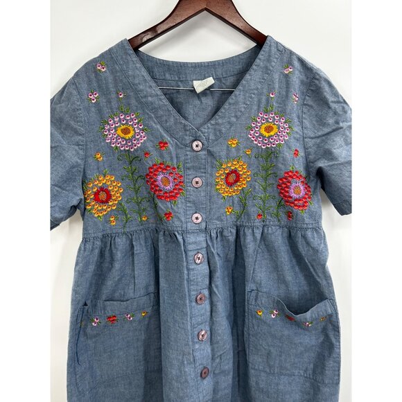 Bechamel Shirt Dress Button Down Embroidered Chambray Denim Size PL Pockets - Picture 2 of 4